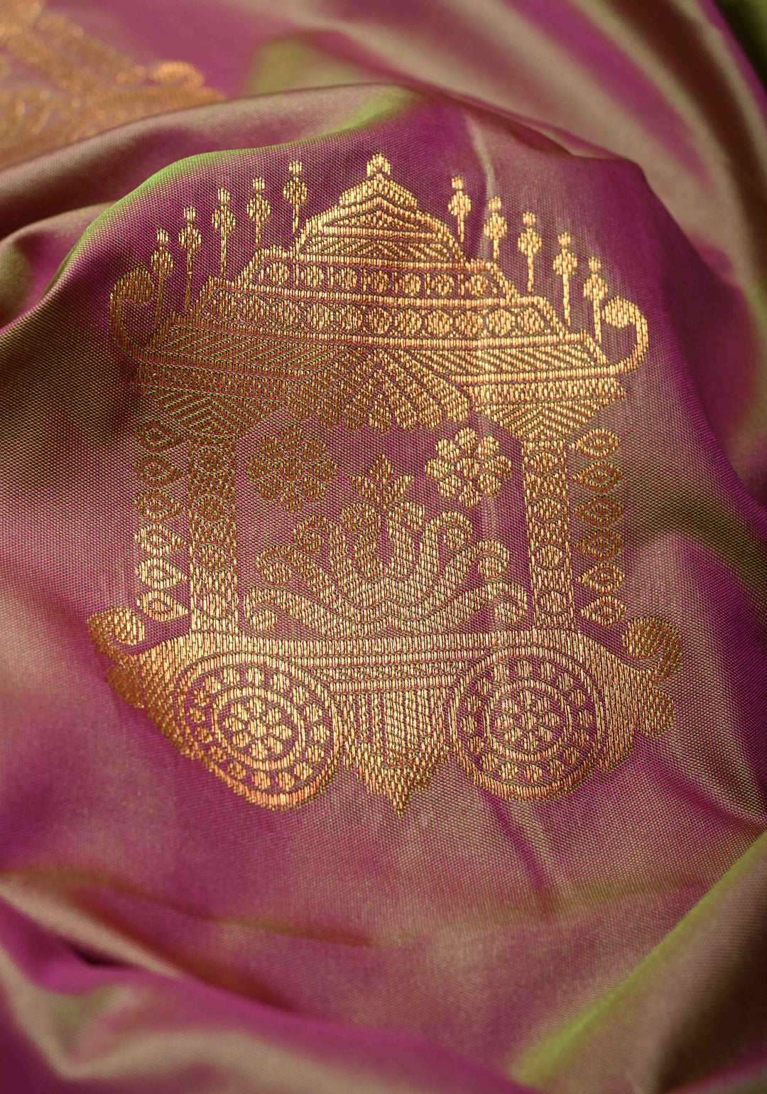 Purple-Green Dual Tone Kanchi Semi Silk Saree with Temple Chariot Zari Buttas and Zari Border