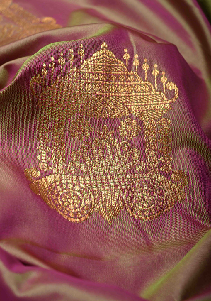 Purple-Green Dual Tone Kanchi Semi Silk Saree with Temple Chariot Zari Buttas and Zari Border