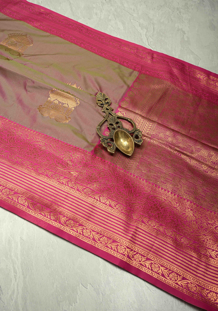 Purple-Green Dual Tone Kanchi Semi Silk Saree with Temple Chariot Zari Buttas and Zari Border