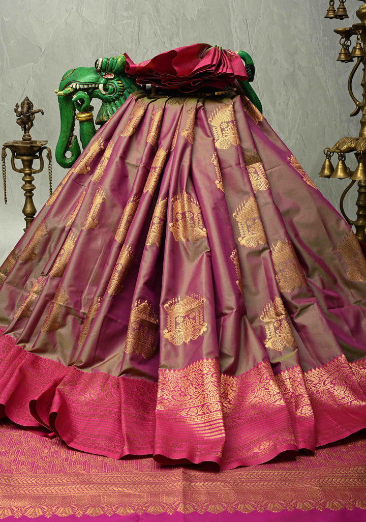 Purple-Green Dual Tone Kanchi Semi Silk Saree with Temple Chariot Zari Buttas and Zari Border