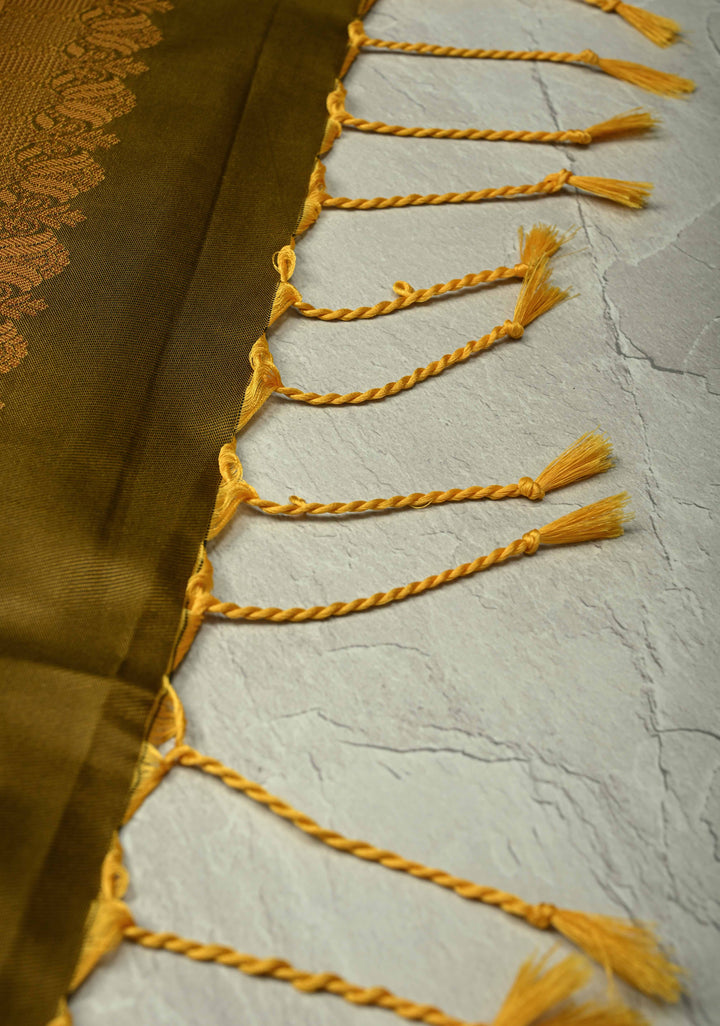 Methi Yellow Kanchi Semi Silk Saree with Temple Chariot Zari Buttas and Contrast Zari Border