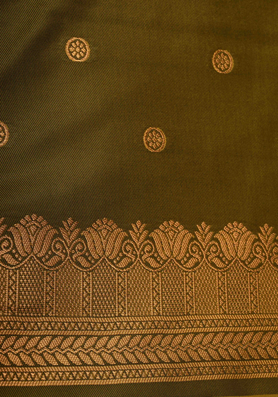 Methi Yellow Kanchi Semi Silk Saree with Temple Chariot Zari Buttas and Contrast Zari Border