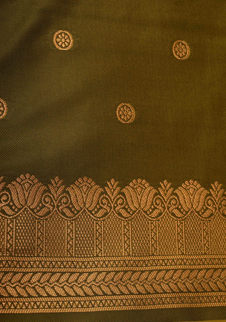 Methi Yellow Kanchi Semi Silk Saree with Temple Chariot Zari Buttas and Contrast Zari Border