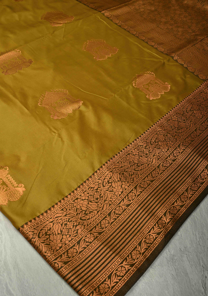 Methi Yellow Kanchi Semi Silk Saree with Temple Chariot Zari Buttas and Contrast Zari Border