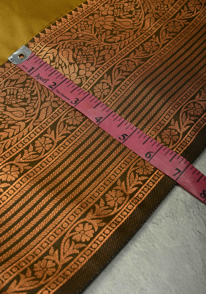 Methi Yellow Kanchi Semi Silk Saree with Temple Chariot Zari Buttas and Contrast Zari Border