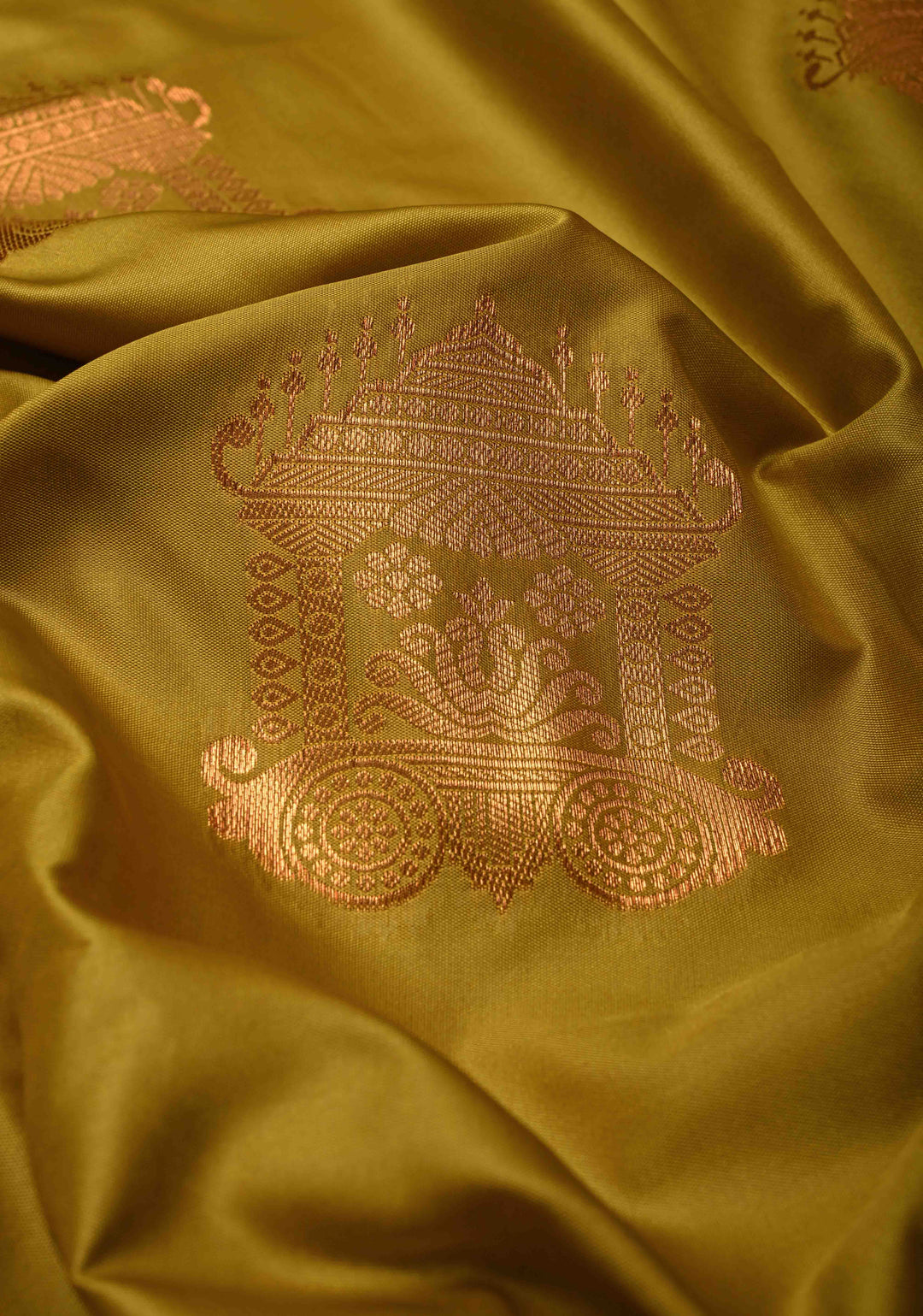 Methi Yellow Kanchi Semi Silk Saree with Temple Chariot Zari Buttas and Contrast Zari Border