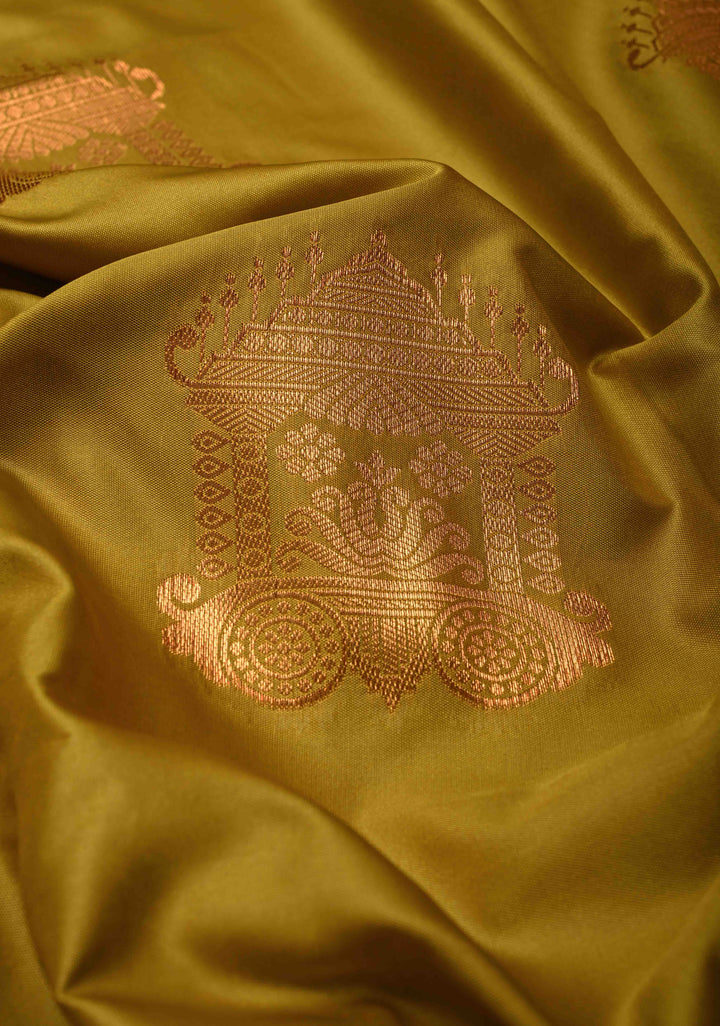 Methi Yellow Kanchi Semi Silk Saree with Temple Chariot Zari Buttas and Contrast Zari Border