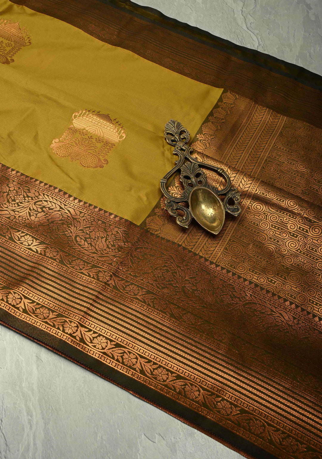 Methi Yellow Kanchi Semi Silk Saree with Temple Chariot Zari Buttas and Contrast Zari Border