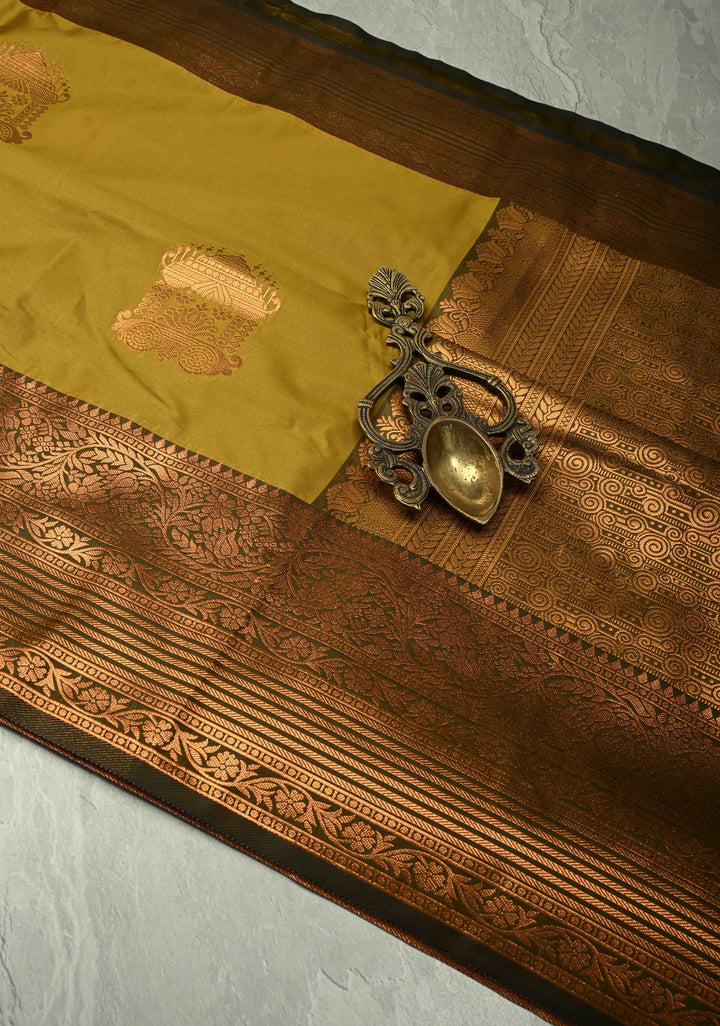 Methi Yellow Kanchi Semi Silk Saree with Temple Chariot Zari Buttas and Contrast Zari Border