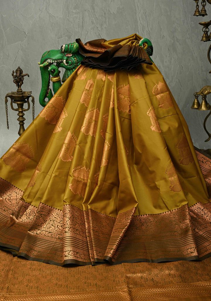 Methi Yellow Kanchi Semi Silk Saree with Temple Chariot Zari Buttas and Contrast Zari Border