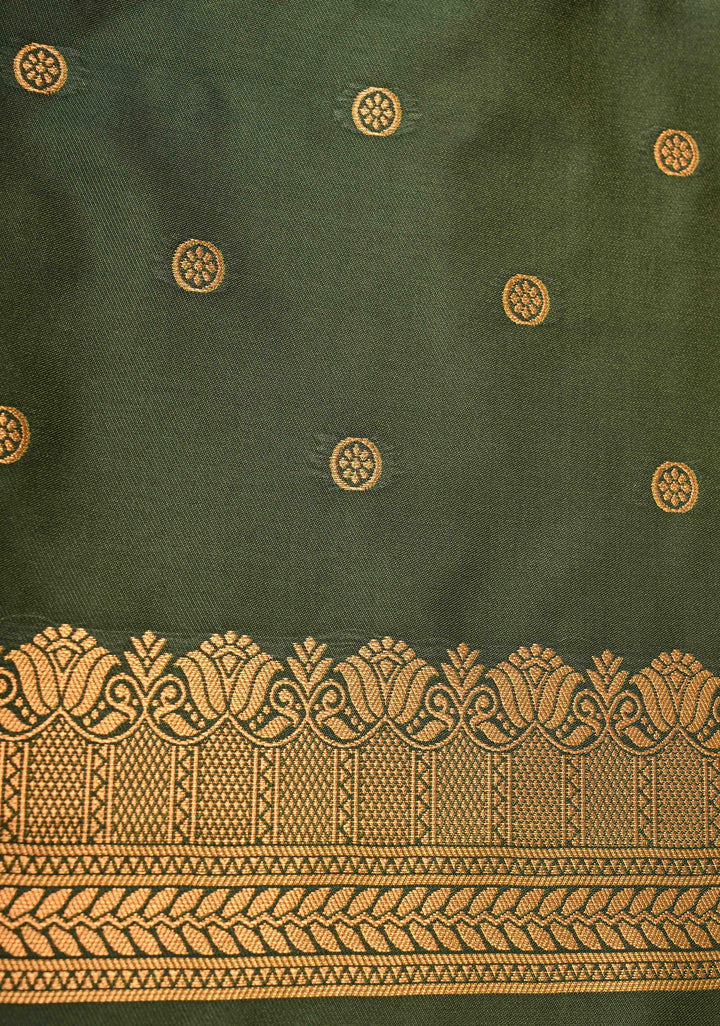 Henna Green Dual Tone Kanchi Semi Silk Saree with Temple Chariot Zari Buttas  and Contrast Wide Zari Border