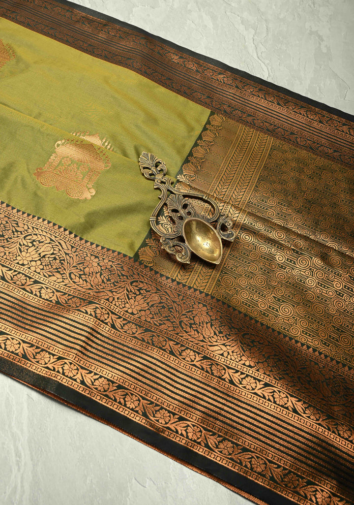 Henna Green Dual Tone Kanchi Semi Silk Saree with Temple Chariot Zari Buttas  and Contrast Wide Zari Border