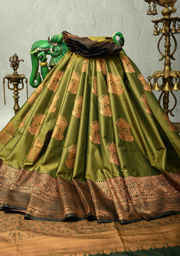 Henna Green Dual Tone Kanchi Semi Silk Saree with Temple Chariot Zari Buttas  and Contrast Wide Zari Border