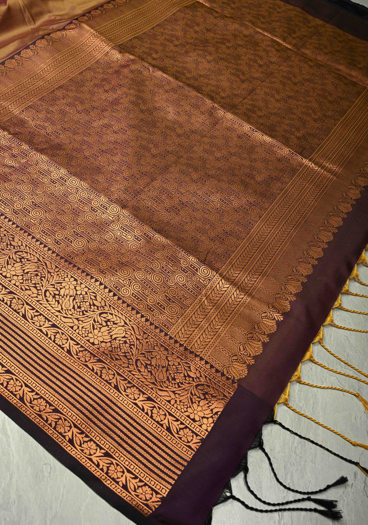 Camel Brown Dual tone Kanchi Semi Silk Saree with Temple Chariot Buttas and Zari Border