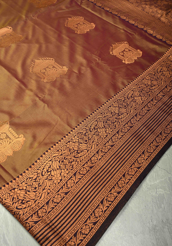 Camel Brown Dual tone Kanchi Semi Silk Saree with Temple Chariot Buttas and Zari Border