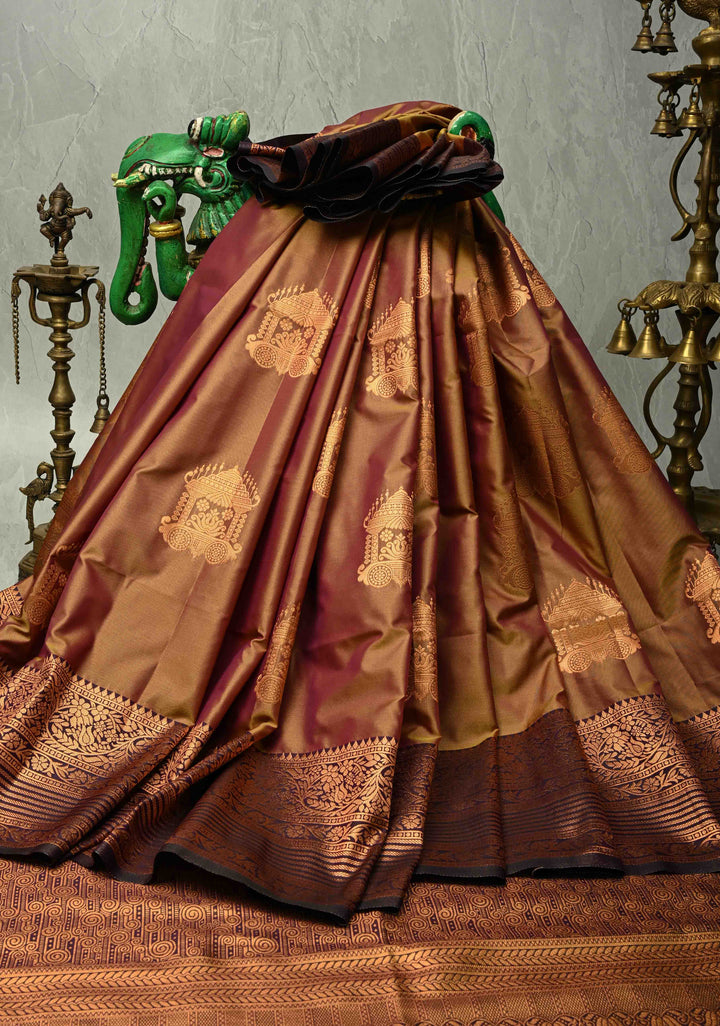 Camel Brown Dual tone Kanchi Semi Silk Saree with Temple Chariot Buttas and Zari Border