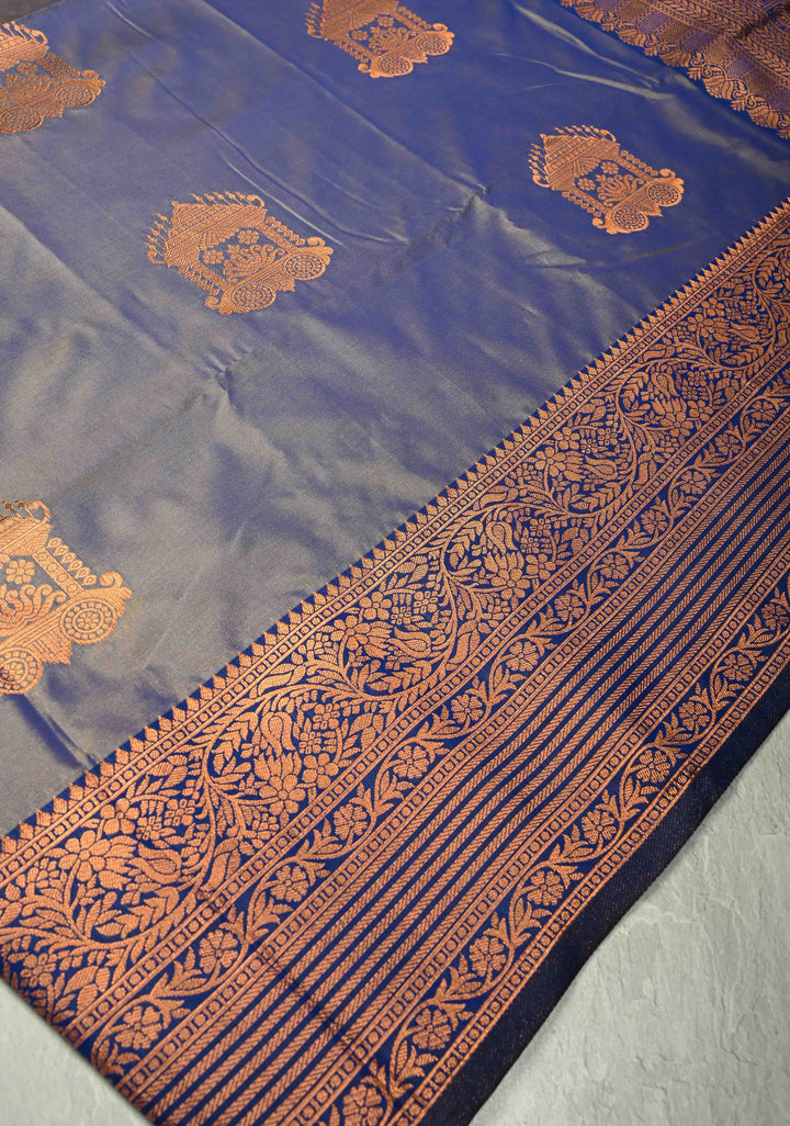 Light Steel Blue Dual Tone Kanchi Semi Silk Saree with Temple Chariot Buttas and Zari Border