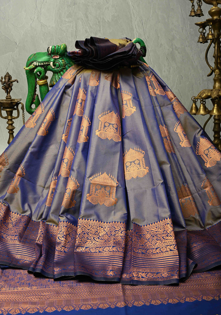 Light Steel Blue Dual Tone Kanchi Semi Silk Saree with Temple Chariot Buttas and Zari Border
