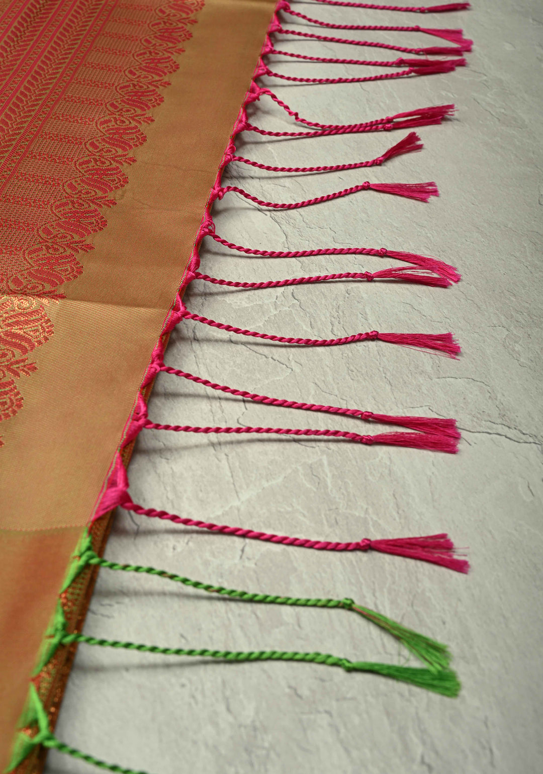 Fiery Rose Kanchi Semi Silk Saree with Zari Buttas and Contrast Zari Border