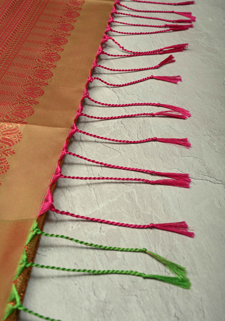 Fiery Rose Kanchi Semi Silk Saree with Zari Buttas and Contrast Zari Border