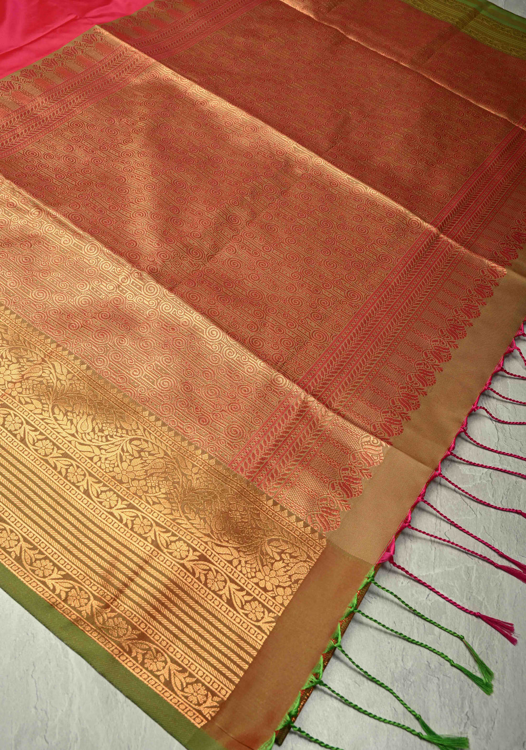 Fiery Rose Kanchi Semi Silk Saree with Zari Buttas and Contrast Zari Border