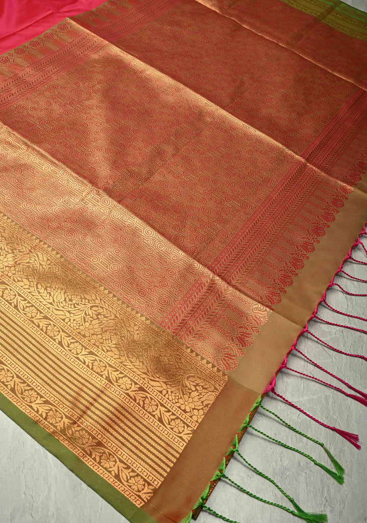 Fiery Rose Kanchi Semi Silk Saree with Zari Buttas and Contrast Zari Border
