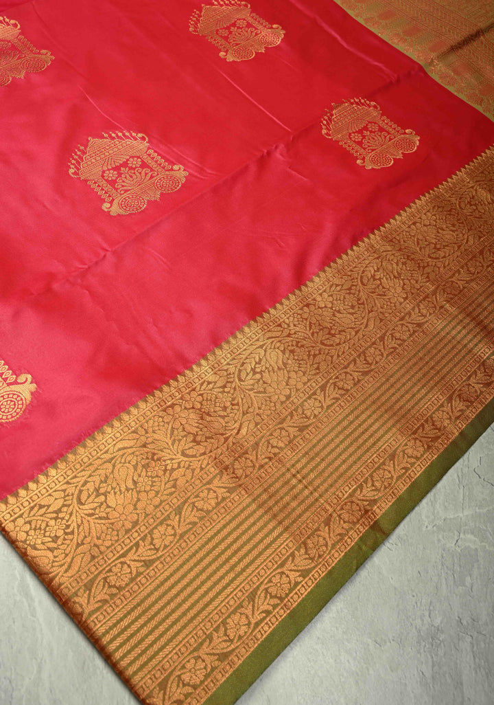 Fiery Rose Kanchi Semi Silk Saree with Zari Buttas and Contrast Zari Border