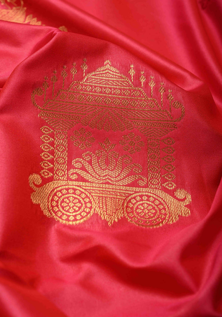 Fiery Rose Kanchi Semi Silk Saree with Zari Buttas and Contrast Zari Border