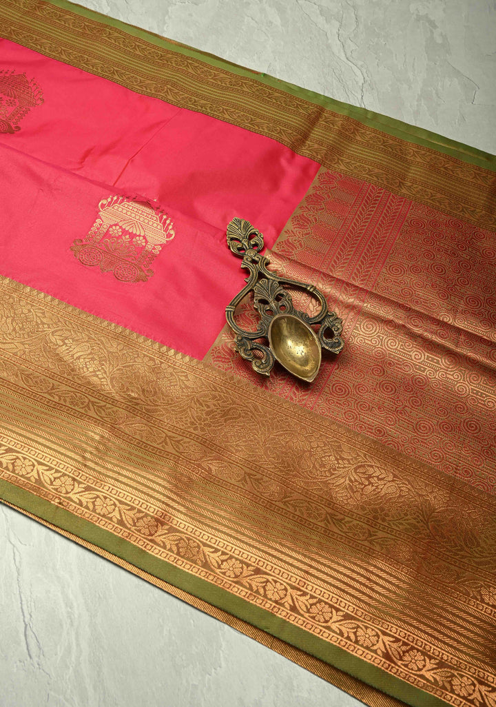 Fiery Rose Kanchi Semi Silk Saree with Zari Buttas and Contrast Zari Border
