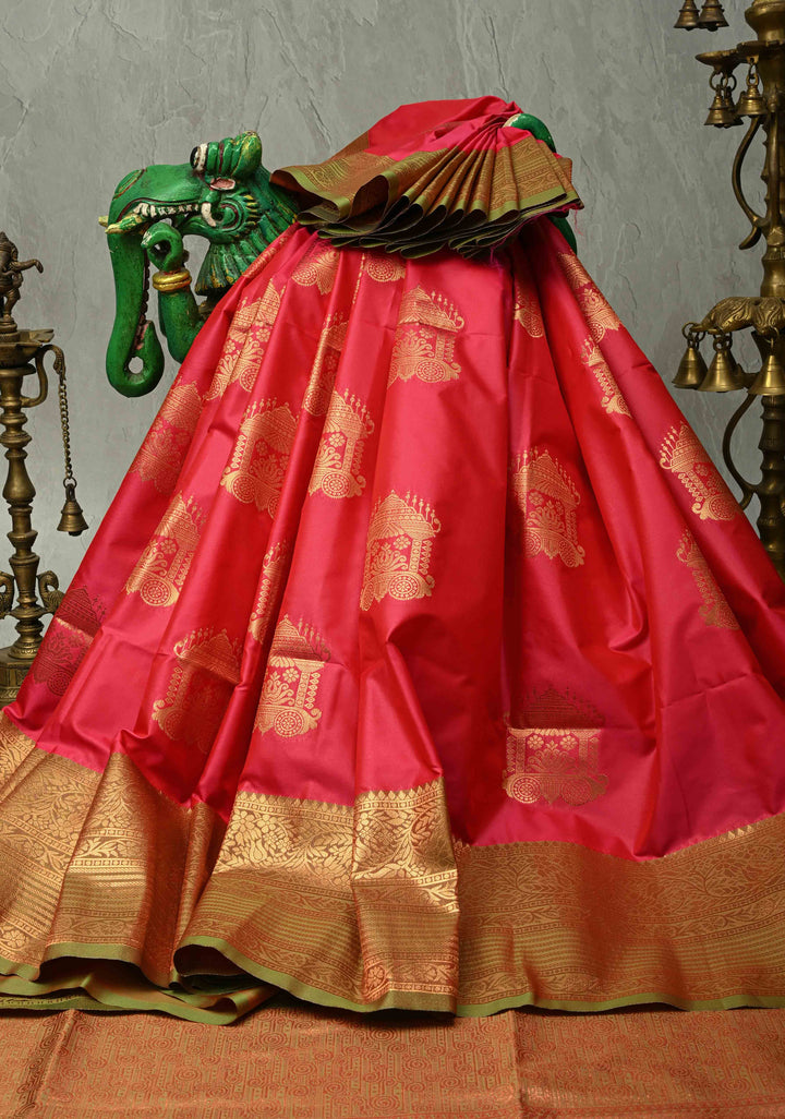Fiery Rose Kanchi Semi Silk Saree with Zari Buttas and Contrast Zari Border
