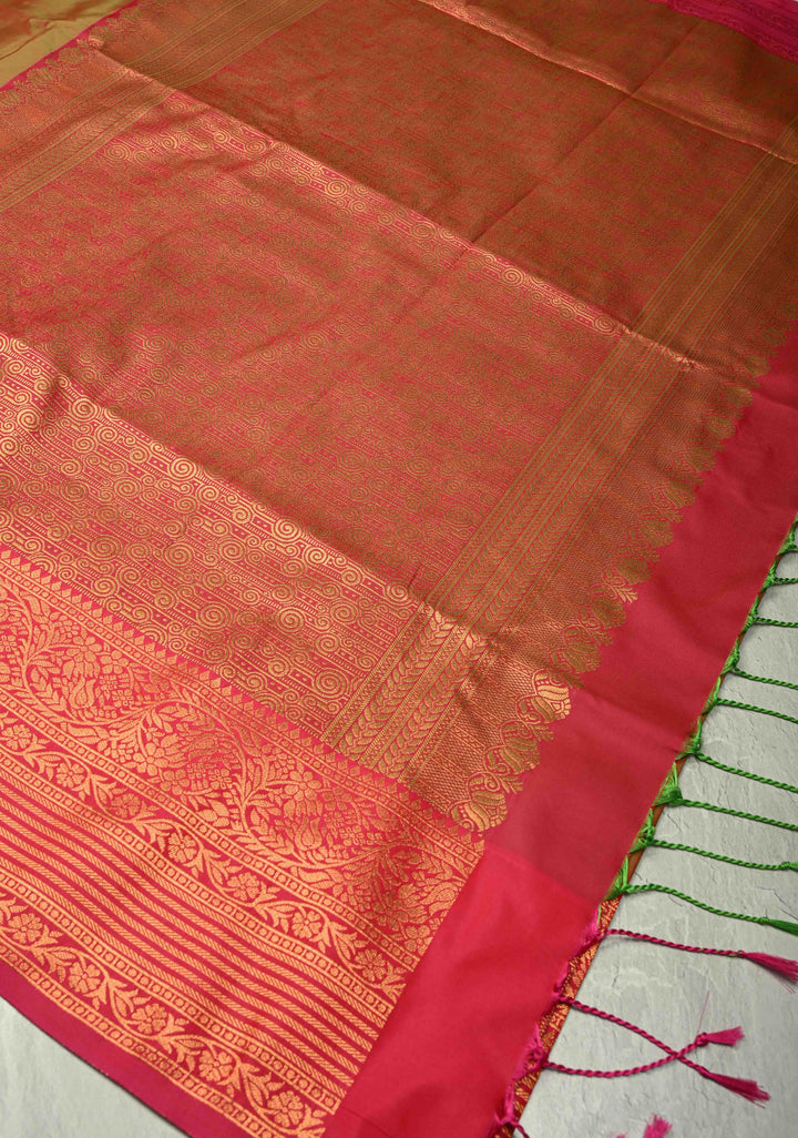 Green Pink Dual tone Kanchi Semi Silk Saree with Temple chariot Buttas and Zari Border
