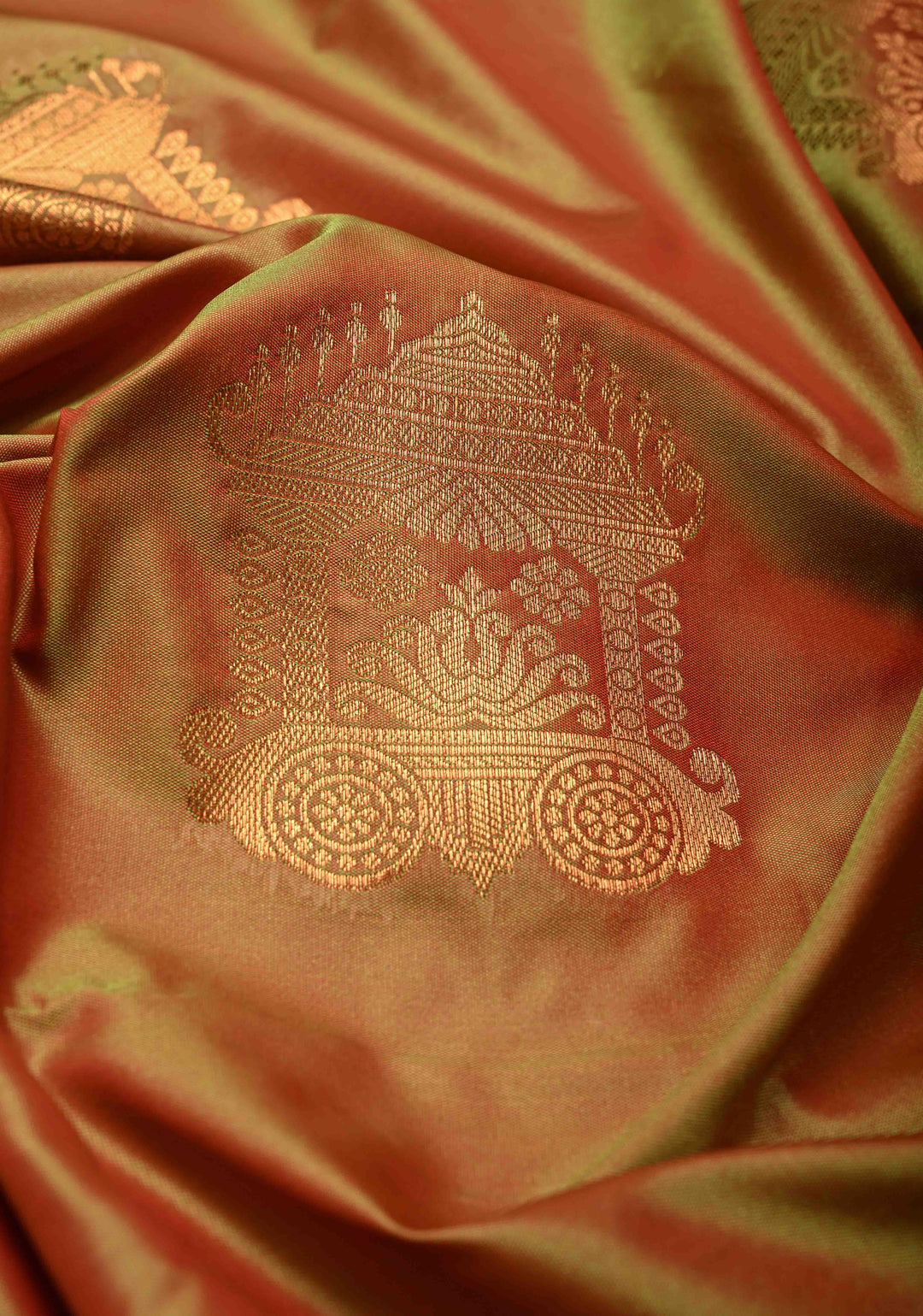 Green Pink Dual tone Kanchi Semi Silk Saree with Temple chariot Buttas and Zari Border