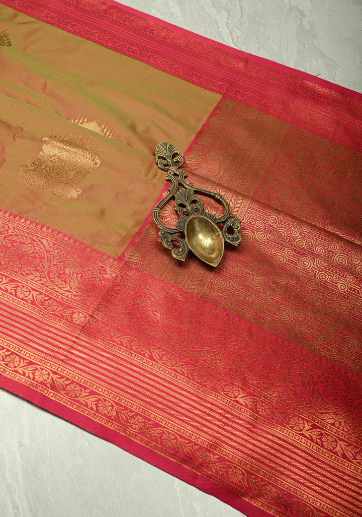 Green Pink Dual tone Kanchi Semi Silk Saree with Temple chariot Buttas and Zari Border