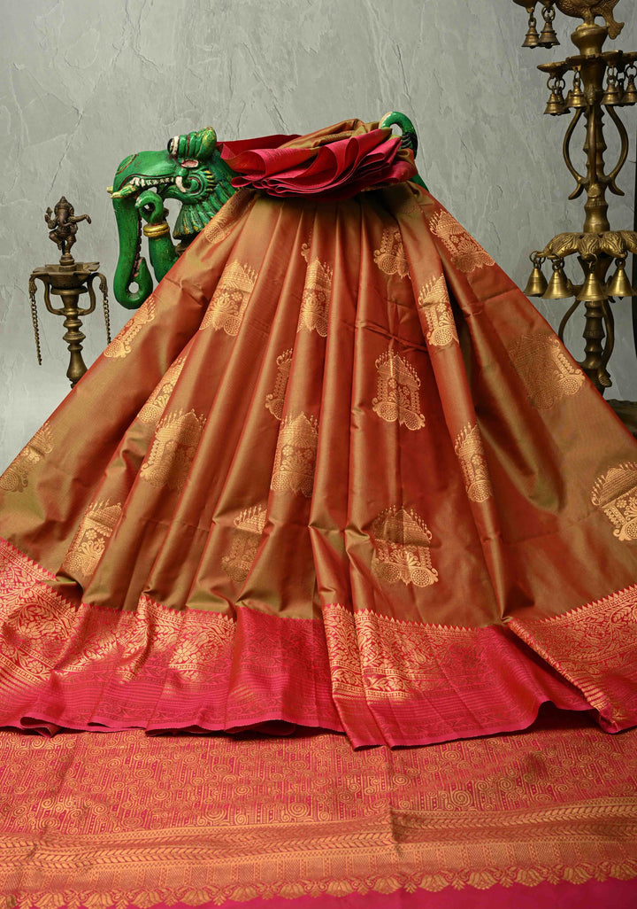 Green Pink Dual tone Kanchi Semi Silk Saree with Temple chariot Buttas and Zari Border