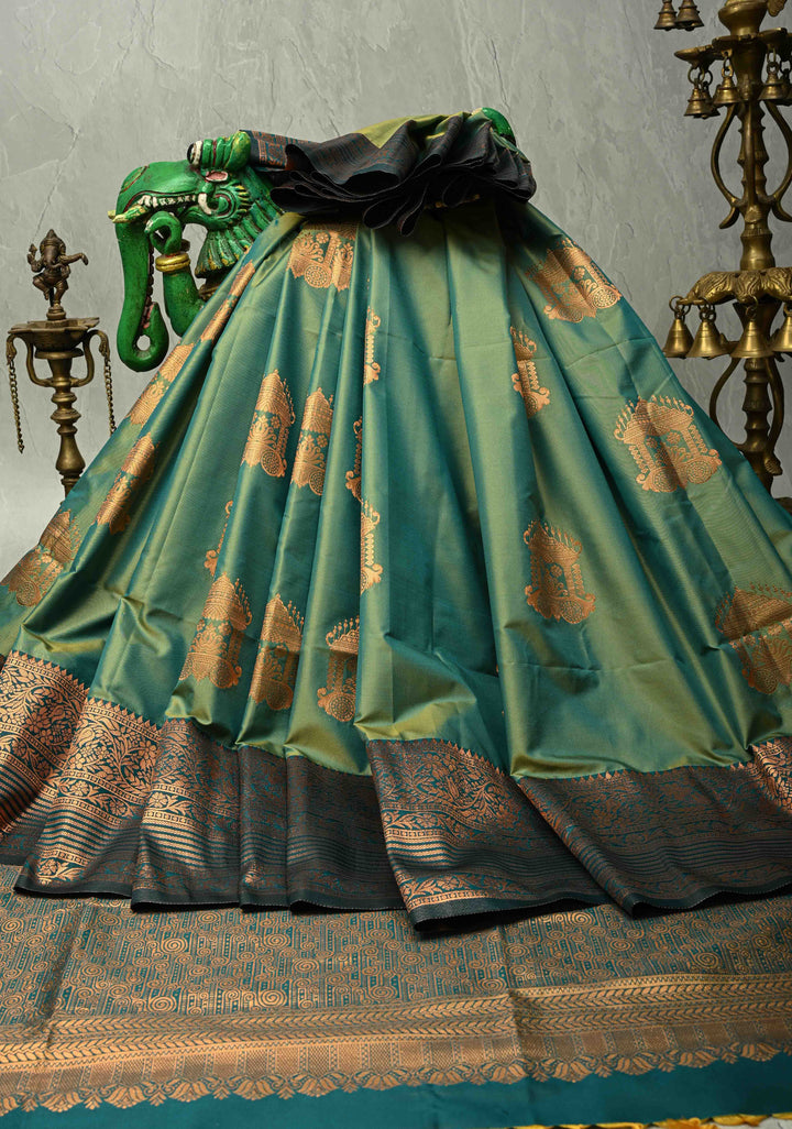 Green Dual Tone Kanchi Semi Silk Saree with Temple Chariot Zari Buttas and Zari Border