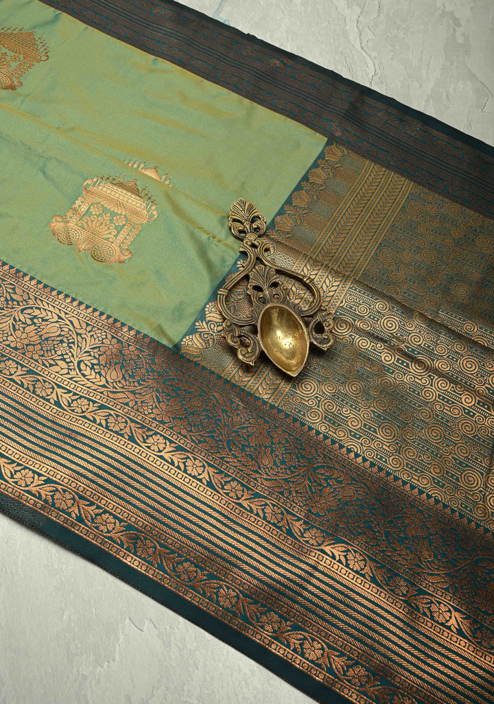 Green Dual Tone Kanchi Semi Silk Saree with Temple Chariot Zari Buttas and Zari Border