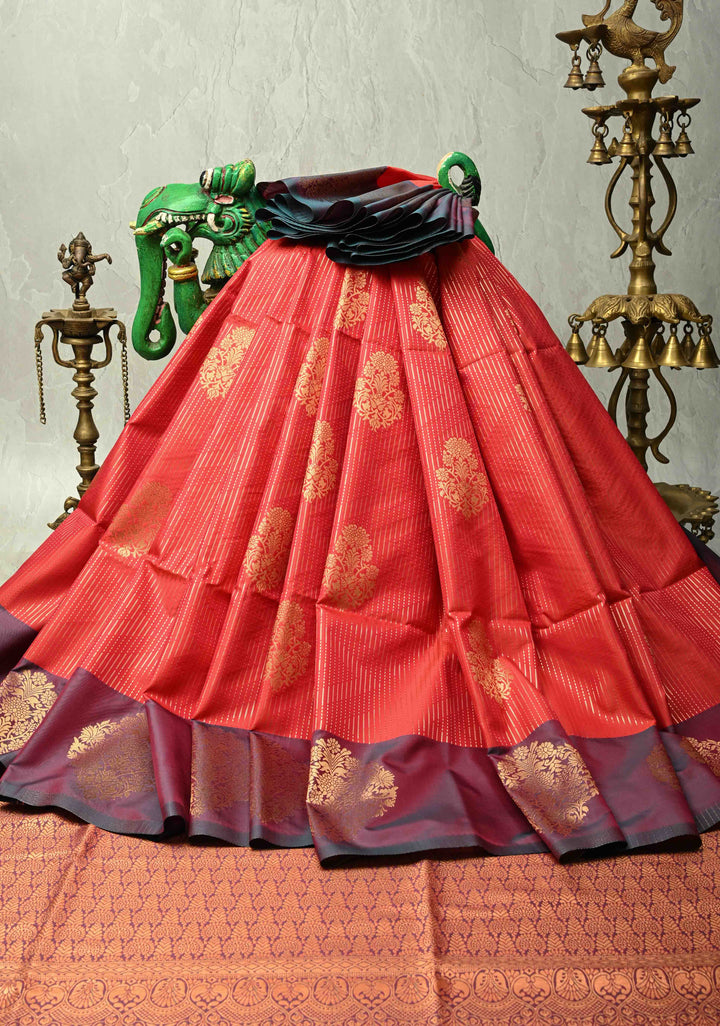 Red Vertical Zari Stripes on Kanchi Semi Silk Saree with Floral Buttas and Distinct Motifs on Contrast Border