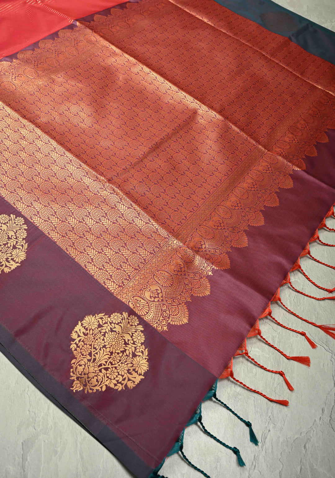 Red Vertical Zari Stripes on Kanchi Semi Silk Saree with Floral Buttas and Distinct Motifs on Contrast Border