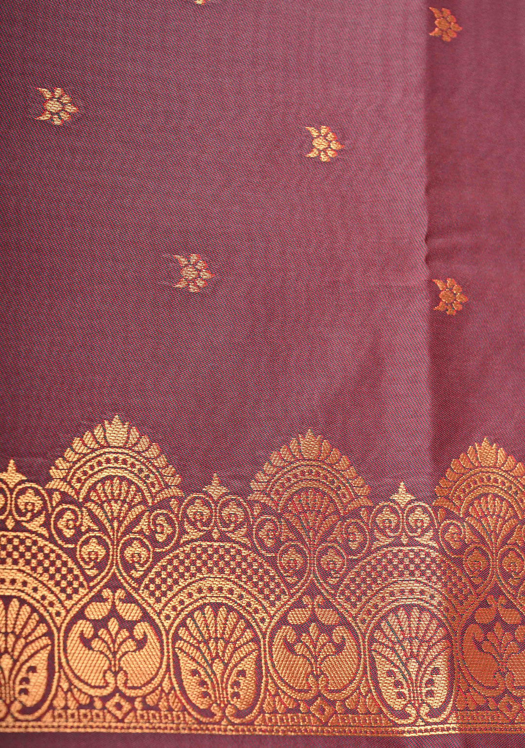 Red Vertical Zari Stripes on Kanchi Semi Silk Saree with Floral Buttas and Distinct Motifs on Contrast Border