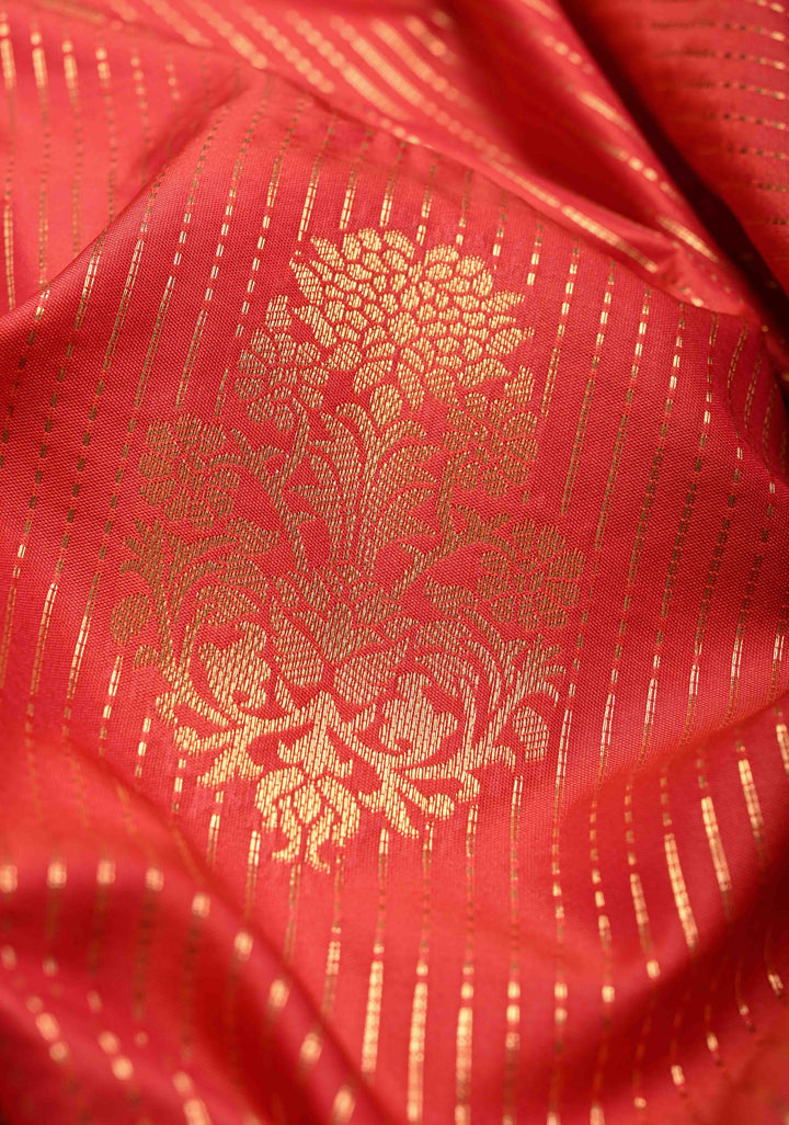 Red Vertical Zari Stripes on Kanchi Semi Silk Saree with Floral Buttas and Distinct Motifs on Contrast Border