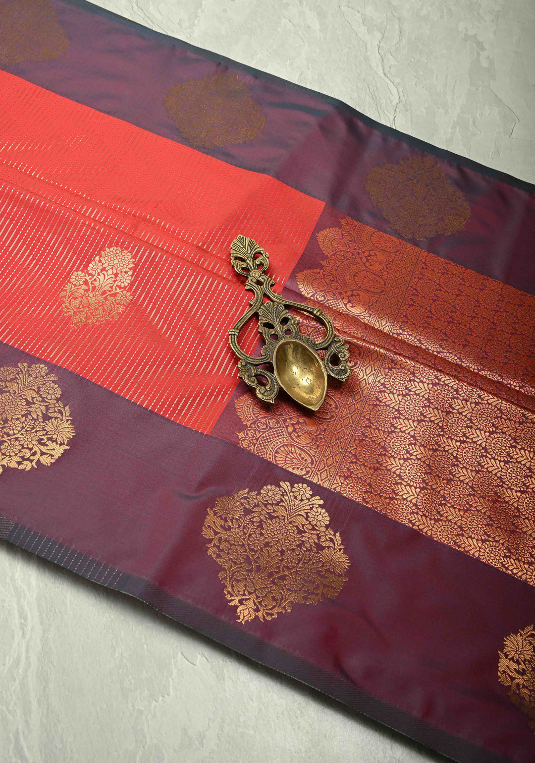 Red Vertical Zari Stripes on Kanchi Semi Silk Saree with Floral Buttas and Distinct Motifs on Contrast Border