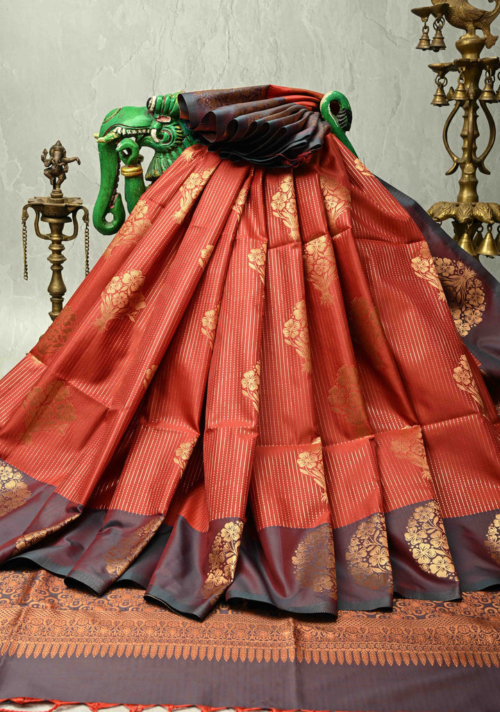 Pumpkin Orange Dual Tone Vertical Stripes on Kanchi Semi Silk Saree with Zari Buttas  and Contrast Zari Border