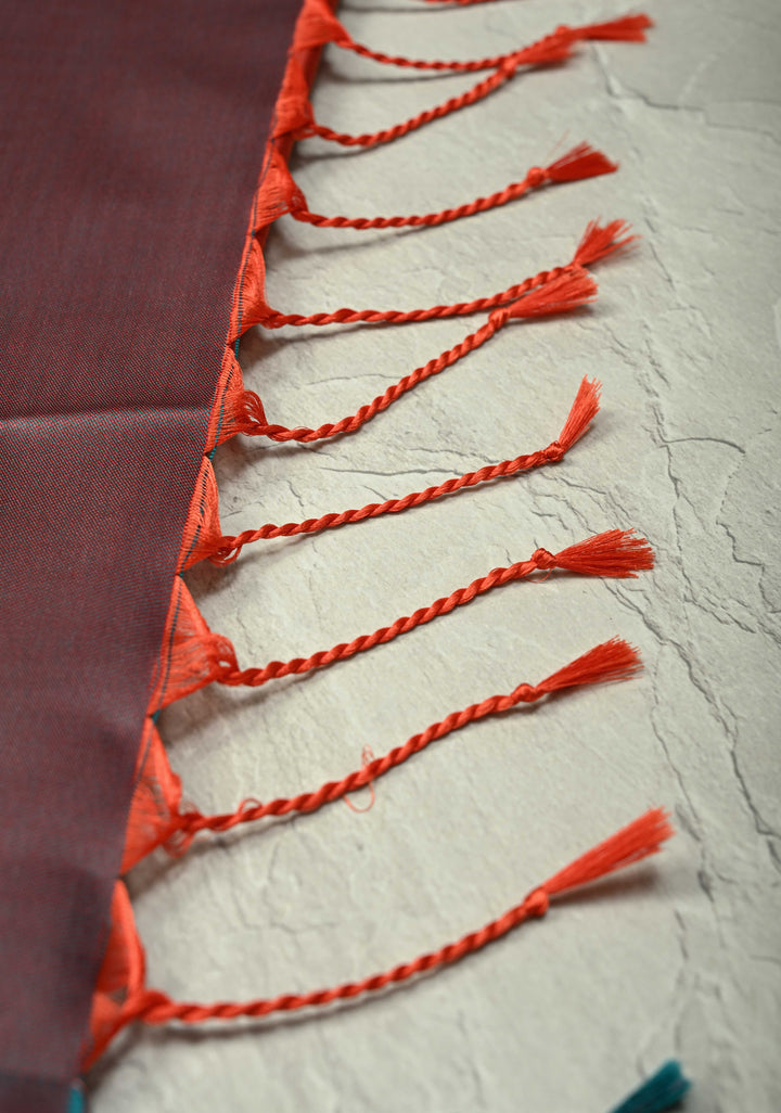 Pumpkin Orange Dual Tone Vertical Stripes on Kanchi Semi Silk Saree with Zari Buttas  and Contrast Zari Border