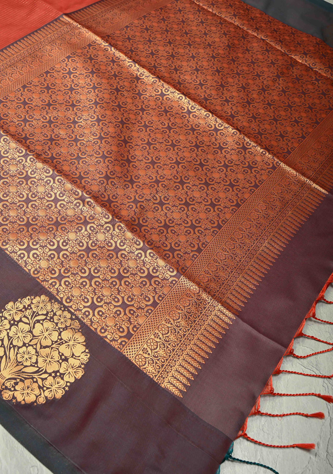 Pumpkin Orange Dual Tone Vertical Stripes on Kanchi Semi Silk Saree with Zari Buttas  and Contrast Zari Border