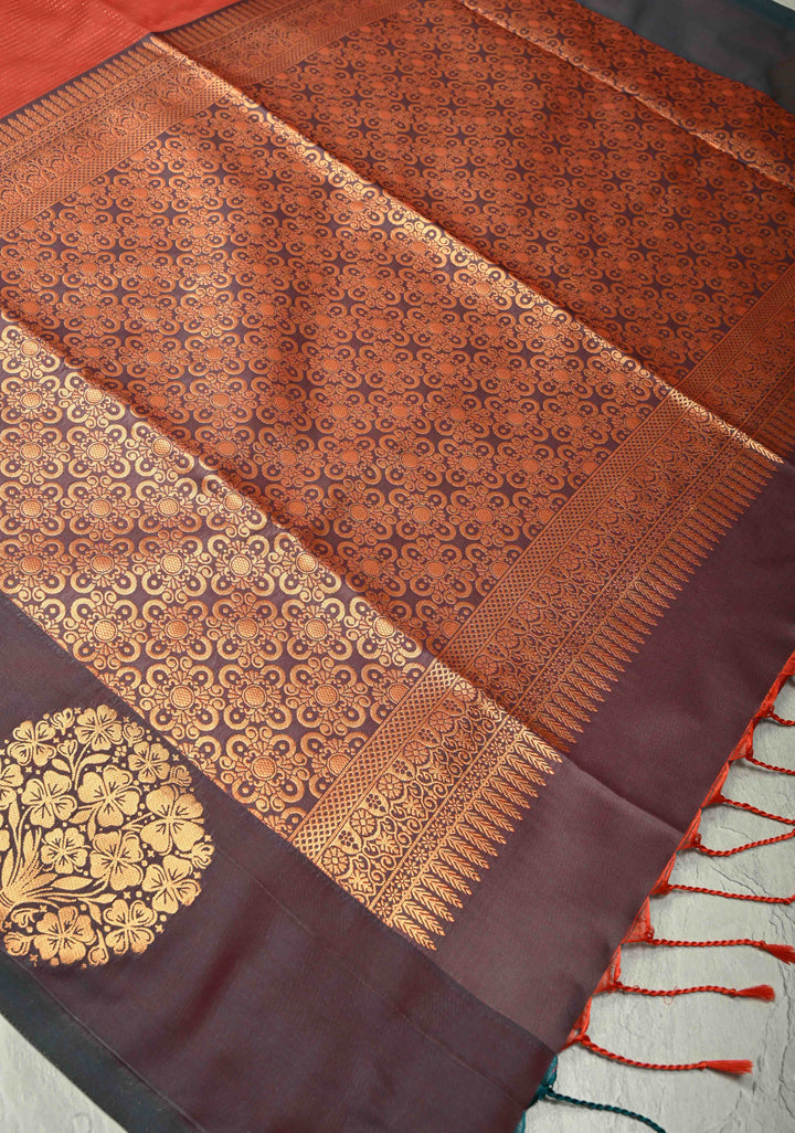 Pumpkin Orange Dual Tone Vertical Stripes on Kanchi Semi Silk Saree with Zari Buttas  and Contrast Zari Border