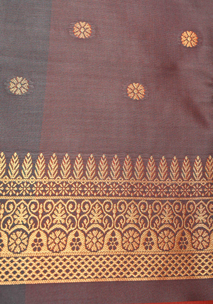 Pumpkin Orange Dual Tone Vertical Stripes on Kanchi Semi Silk Saree with Zari Buttas  and Contrast Zari Border