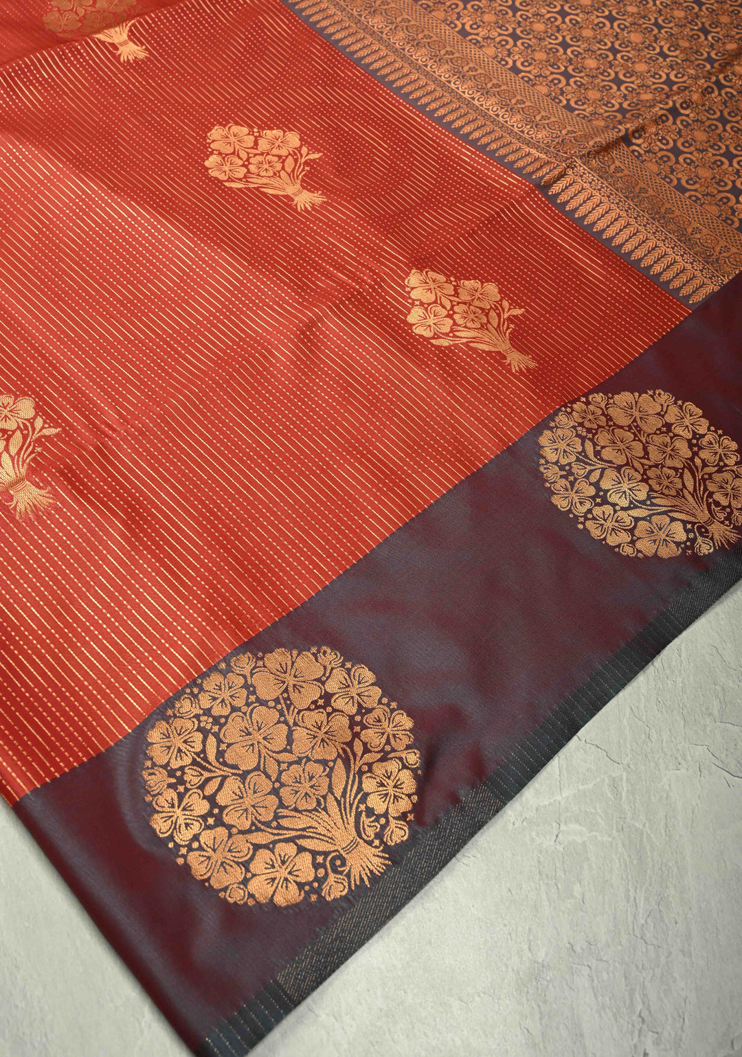 Pumpkin Orange Dual Tone Vertical Stripes on Kanchi Semi Silk Saree with Zari Buttas  and Contrast Zari Border