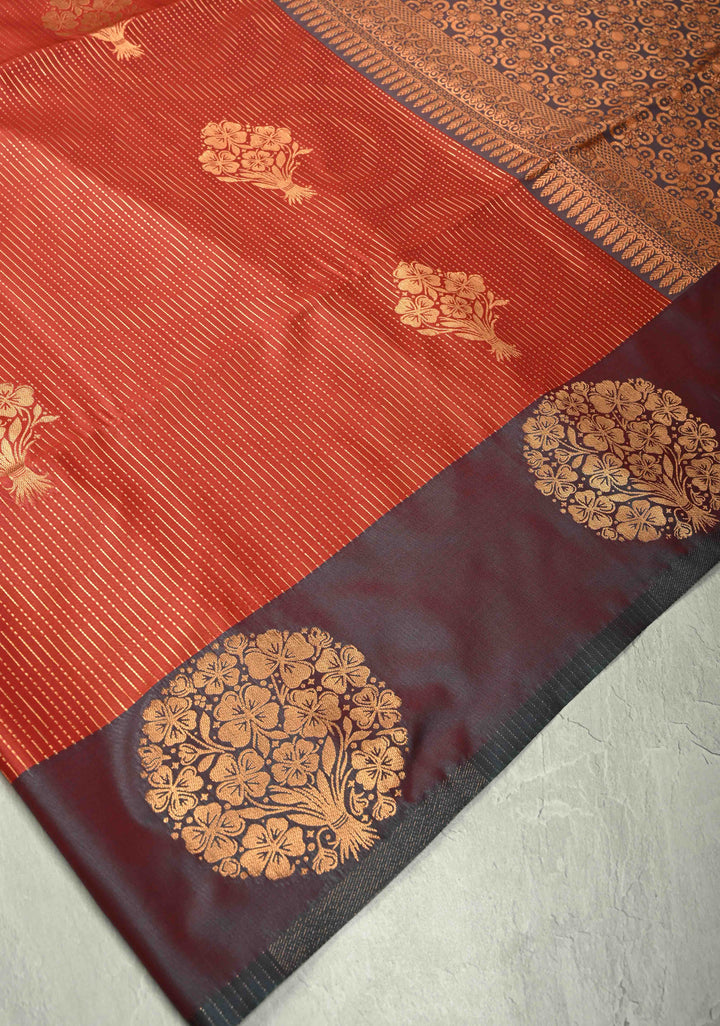 Pumpkin Orange Dual Tone Vertical Stripes on Kanchi Semi Silk Saree with Zari Buttas  and Contrast Zari Border
