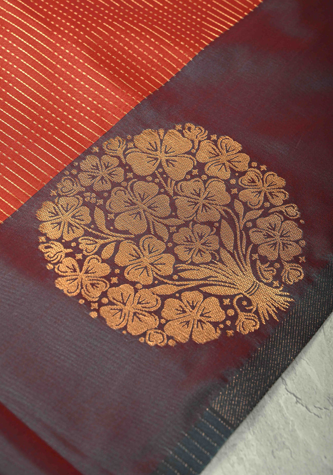Pumpkin Orange Dual Tone Vertical Stripes on Kanchi Semi Silk Saree with Zari Buttas  and Contrast Zari Border