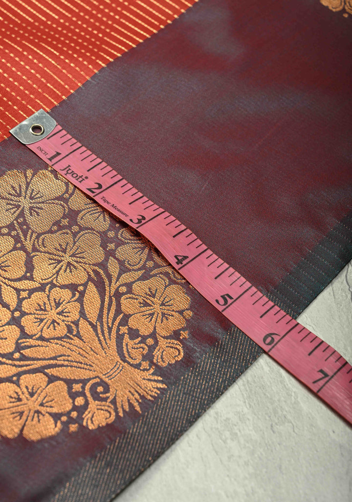 Pumpkin Orange Dual Tone Vertical Stripes on Kanchi Semi Silk Saree with Zari Buttas  and Contrast Zari Border